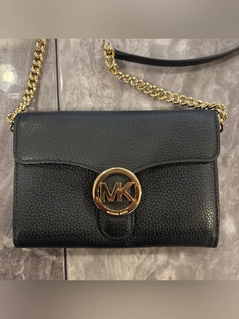 Michael Kors Black Pebbled Leather Crossbody with Gold MK Emblem - Picture 2 of 7